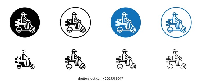 Delivery man riding motorcycle icons in black and blue colors