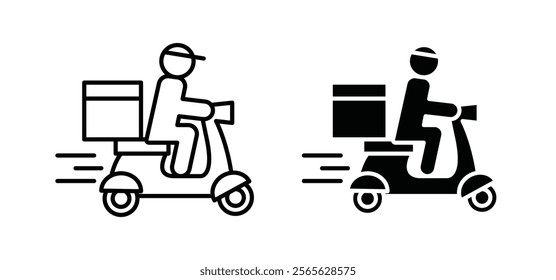 Delivery man riding motorcycle icons in black and white colors