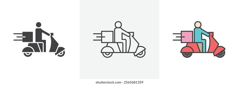 Delivery man riding motorcycle icons in black and colored versions