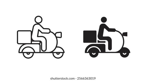 Delivery man riding motorcycle icons in line stroke and flat versions