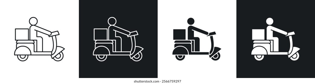 Delivery man riding motorcycle icons in Thin line black color. flat simple vector symbols illustration.