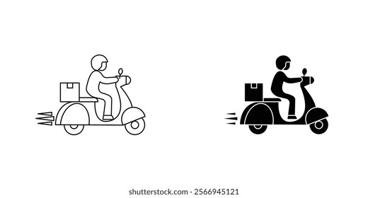 Delivery man riding motorcycle icons. black and white vector set.