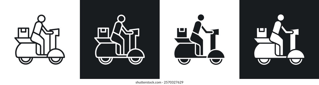 Delivery man riding motorcycle icons vectors set in black. line and flat versions