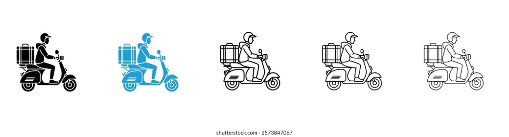 Delivery man riding motorcycle icons in filled and 3 stroke weights