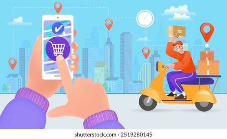 Entrega homem de condução de motocicleta no caminho para casa do cliente. entrega de comida pessoa está em seu caminho para a casa do cliente para entregar comida. transporte com correio e scooter. GPS no mapa da cidade. Vetor