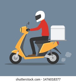 Delivery man riding motorcycle, Send order package to customer, Express delivery bike service, Flat design vector illustration