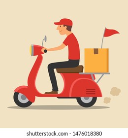 Delivery man riding motorcycle, Send order package to customer, Express delivery bike service, Flat design vector illustration