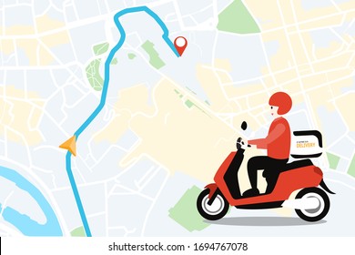 Delivery man riding motorcycle send order package to customer on city navigation map background.