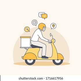 Delivery man riding motorcycle, Send order package to customer, Express delivery bike service. Hand drawn style vector design illustrations.