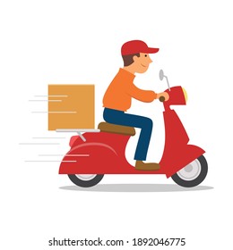 Delivery man riding motorcycle, Send order package to customer, Express delivery bike service, Flat design vector illustration