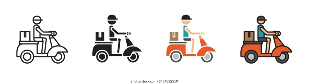 Delivery Man Riding Motorcycle Vector Illustration Set. Quick Food Serve Bike Sign suitable for apps and websites UI design style.