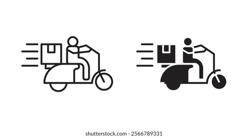 Delivery man riding motorcycle vector line icon illustration