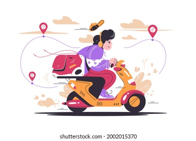 Delivery man riding motorcycle vehicle vector illustration. Online order tracking flat style. Online service with delivery, safety during covid19 epidemic concept. Isolated on white background