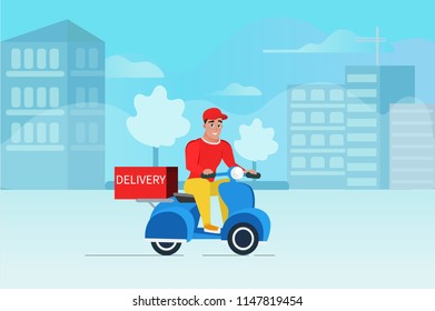 Delivery man riding motorcycle and work on restaurant with food delivery. Vector illustration eps10 graphic. -stock vector