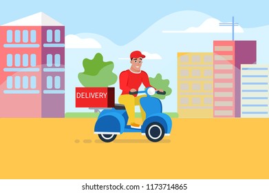 Delivery man riding motorcycle and work on restaurant with food delivery. Vector illustration eps10 graphic. -stock vector