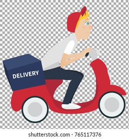 Delivery man riding motorcycle and work on restaurant with food delivery on transparent background. Vector illustration eps10 graphic. -stock vector