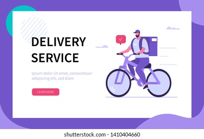 Delivery man riding on bike and carrying box. Courier character on city street. Delivery service and logistic concept.  Flat modern vector illustration.