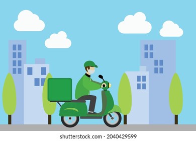 delivery man riding on bike in urban background, Vector illustration