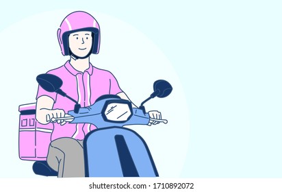 Delivery man riding on scooter. Online shopping and Express delivery concept. Hand drawn in thin line style, vector illustrations.