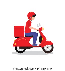 Delivery man riding a red scooter illustration. Food delivery man vector