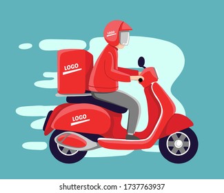 Delivery man riding red scooter vector illustration