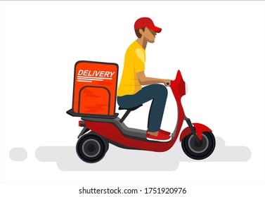 Hombre paradero montando una ilustración de una motocicleta roja. vector de entrega de alimentos