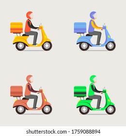 Delivery man riding a red scooter illustration. Food delivery man vector. different colors. Eps 10