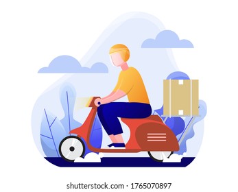 delivery man riding a red scooter, online delivery service concept, vector flat illustration