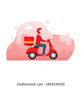 Delivery man riding a red scooter illustration. Food delivery man vector