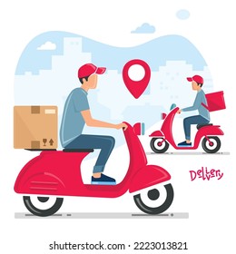 Delivery man riding a red scooter illustration.