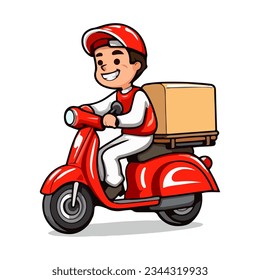 Delivery man riding a red scooter isolated on white background. Food delivery man. Cartoon style. Vector illustration.