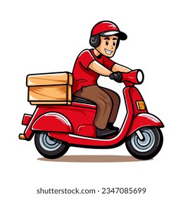 Hombre de parto montando una moto roja. Ilustración de dibujos animados. Ilustración vectorial aislada en fondo blanco.