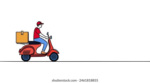 Delivery man riding a red scooter illustration. Food delivery man vector.