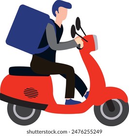 Delivery man riding a red scooter illustration. Fast food delivery man vector
