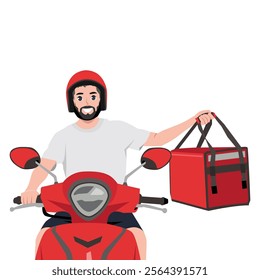 Delivery man riding a red scooter delivering food. Flat Vector character illustration