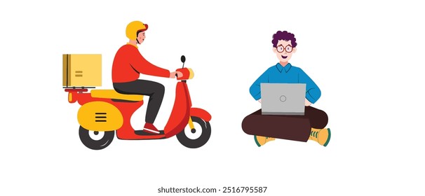 O entregador está montando uma scooter com uma caixa na parte de trás, e um cliente está usando um laptop.