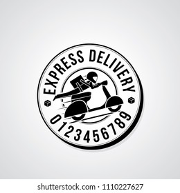 Delivery man riding scooter with call number icons. Express delivery & courier service