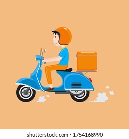Delivery man riding scooter with delivery case box. Delivery service concept. Vector illustration