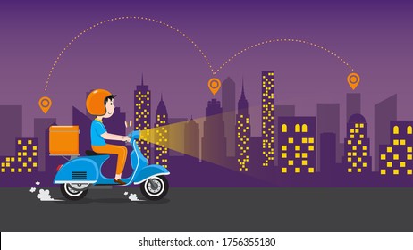 Delivery man riding scooter with delivery case box on the road in downtown area at night. Delivery Service business, Vector illustration.