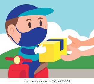 Delivery man riding scooter courier and hang over parcel to customer on sunny day background