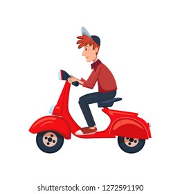 Delivery man riding a scooter. Fast Delivery service by courier. Vector cartoon character illustration. Delivery concept.