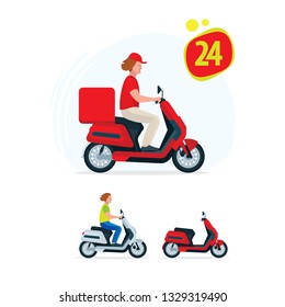 Delivery man riding scooter. Fast Delivery service by courier. 
Scooter riding vector illustrations set.
