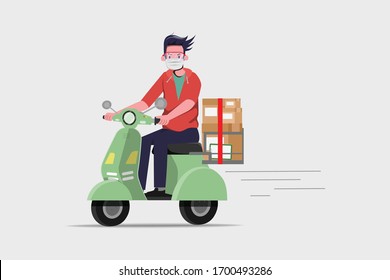 Delivery man riding a scooter. Fast delivery during covid-19 coronavirus outbreak. Cartoon illustration.