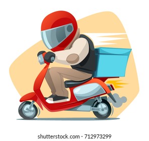 Delivery man riding a scooter. Fast delivery. Cartoon illustration