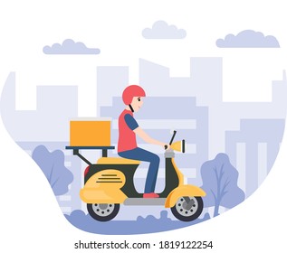 Delivery man riding scooter. Food delivery service.