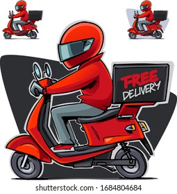 Delivery Man Riding A Scooter. Free Delivery. Cartoon Illustration