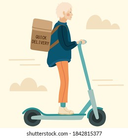 Delivery man riding scooter. Hand drawn illustration in modern, trendy colors. Delivery servise concept, vector illustration.