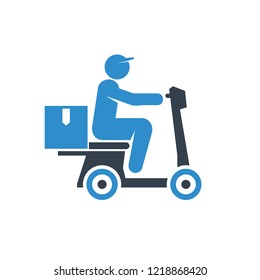 delivery man riding scooter icon on white background