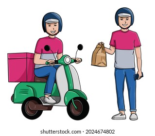 Delivery man riding a scooter illustration. Food delivery man vecto