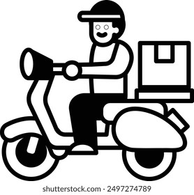 A Delivery man riding a scooter in line icon style